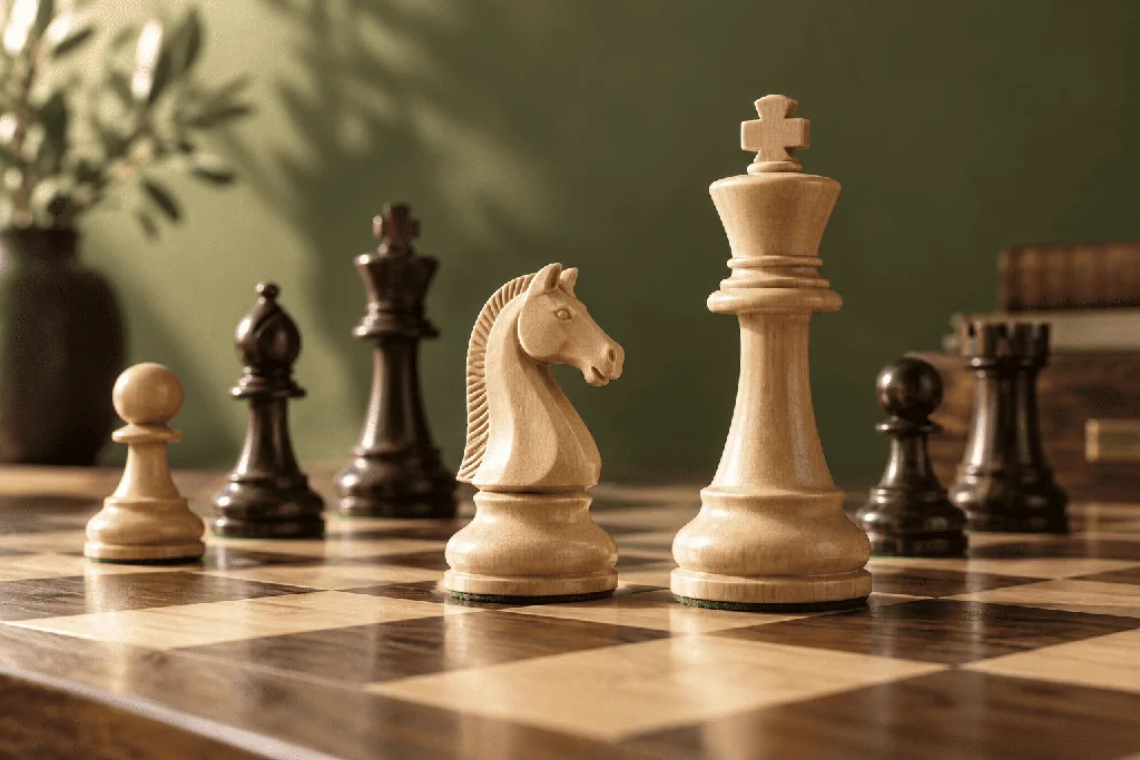 Cavalier et roi en bois clair sur un échiquier en noyer