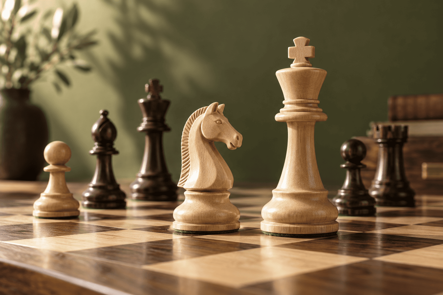 Cavalier et roi en bois clair sur un échiquier en noyer