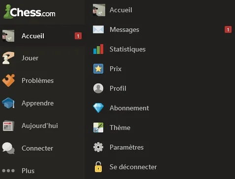 Les différentes options sur l'accueil de Chess.com
